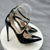 Sandaler Glossy Black Cross Strap Women Pointy Toe High Heel Shoes Front V Cut Stiletto Pumpar For Party