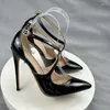 Sandalen Glanzend Zwart Kruisband Dames Puntige Toe Hoge Hak Schoenen Voorkant V Cut Stiletto Pumps Voor Feest