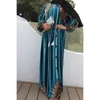 Etnische kleding Blauwe lange mouwen Goud fluwelen bedrukte moslim dames lange rokken zijn los en casual abaya femme.