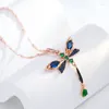 Chains Kinel Blue Natural Zircon Dragonfly Pendant Necklace For Women 585 Rose Gold And Black Plating Vintage Daily Fine Jewelry
