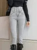 Jeans para mujer JRJL Gris Talle alto para mujeres 2024 Moda Vintage Clásico Botones flacos Pantalones largos rectos