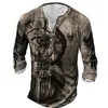 T-shirt da uomo in cotone vintage Stampato in 3D Knight Gothic Manica lunga Camicia Henley casual Oversize Top Tee Shirt Uomo Punk Pullover 240106