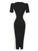 Summer Elegant Goddess Style Midi Dress Women Black White Contrast Cut Out BodyCon Robe Office Lady Professional Vestidos 240106