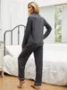 Ensemble de pyjamas d'automne manches longues pour femmes vêtements de nuit gris uni doux boutonné vêtements de détente ensemble de pyjama vêtements de nuit S-XL avec poche 240106