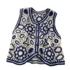 Tanks pour femmes 2024 Femmes Rétro Creux Crochet Crop Top Gilet Broderie Floral Sans Manches Pour Veste Cardigan Bouton Boho Hippie