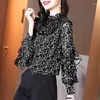 Kadın Bluzları 2024 Moda Şifon Gömlek Bahar Sonbahar Fırfır Kenarı Dikiş Alt Bluz Uzun Kollu İnce Üst M-4XL Z814