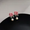 Boucles d'oreilles 2024 Boucle d'oreille fleur rose pour femmes Rose perle exquise Zircon coréen doux design personnalité filles fête bijoux
