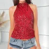 Women's Blouses Women Top Shiny Sequin Off Shoulder Sleeveless Halter Neck Shirt Solid Color Stage Performance Club Dance Tank Vest