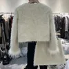 Ensemble jupe courte blanc cassé à manches longues et poignets en fourrure pour femmes en automne + demi-jupe pour femmes