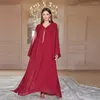 Roupas étnicas Abaya para mulheres vermelho com decote em v moda 2024 outono árabe cor sólida elegante e brilhante robe ramadan gurban solto longo
