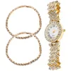 Wristwatches 2pcs Rhinestone Watch And Bracelet Set Shiny Bangle For Xmas Party Gift Golden