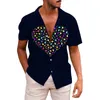 Men's Casual Shirts Valentines Day Irregular Love Print Short Sleeve Fashion Lapel Button Top Shirt Stylish Camisas De Hombre Beachwear