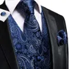 Hi-Tie 20 chalecos de seda de colores para hombre, vestido formal de negocios, chaqueta delgada sin mangas, 4 piezas, pañuelo, gemelos, traje de Paisley azul, chaleco 240106