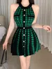 Casual Dresses 2024 Summer Sexy Off Shoulder Houndstooth Mönster Mini Dress Female Vintage Halter Sticked Pleated