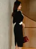 Mode Elegant Office Lady Women Dress Sexig Retro Casual Turn-Down Collar Black Formal Slim Midi Party Pencil Femme Vestido 240106