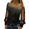 Camicette da donna Top da donna primavera elegante camicetta con una spalla in rete con paillettes T-shirt patchwork a maniche lunghe autunnale morbida casual