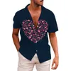 Men's Casual Shirts Valentines Day Irregular Love Print Short Sleeve Fashion Lapel Button Top Shirt Stylish Camisas De Hombre Beachwear