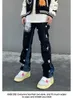 Design sens splash ink graffiti jeans high street ambibe pantals masculs cousting droit lâche noir pantalon long américain 240106