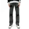 Men's Jeans Black Torn Side Zipper Spliced Denim Bottoms Damaged Washed Male Pants