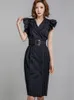 Summer Elegant Women Blazer Dress Professional Formal Vintage Striped Double Breasted Belt Midi Street Clothes Mujer Vestido 240106