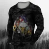 Vintage Men's Long Sleeve T Shirt Autumn Print Round Neck Tees Camouflage Mönster Kläder Casual High Street Overdimensionerade män Tops 240106