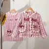 Kledingsets Zoet fluwelen strik Prinses Tweed Pak Kerst Kleine meisjes Roze jurk met jas Hoge kwaliteit kinderverjaardagsoutfits