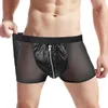 Cuecas homens sexy falso couro sheer malha retalhos boxer calcinha zip-up convexo bolsa perspectiva shorts lingerie erótica