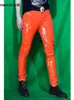 Mauroicardi Spring Skinny Sexig Shiny Reflective Stretchy Thin Orange Yellow Blue Patent Pu Leather Pants Men Y2K Streetwear 240106