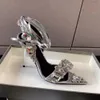 2024 Silvery Mirror Leather and Crystal Pointed Gemstone Sandals Gold Winding Bandage 101mm Women's Luxury Designers Street Style Shoes Factory Factwear
