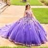 Roxo brilhante princesa quinceanera vestidos de baile fora do ombro 3d floral renda tull espartilho doce 15 vestidos de xv anos