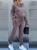 Calças femininas de duas peças chique veludo 2 peças rendas agasalho jogging outfits manga comprida com capuz solto moletom cortado terno feminino