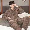 Men's Sleepwear 2024 Autumn Winter Men Pajama Coral Velvet Pyjamas Warm Cartoon Teen Heavy Fleece Nightdress Lapel Breasted Set