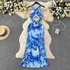 Lässige Kleider Sexy Blau Gedruckt Sommer Damen Kleid 2024 Mode V-Ausschnitt Ärmellos Ausgehöhlt Rückenfrei Schlank A-Linie Strandurlaub Maxi
