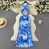 Vestidos casuais sexy azul impresso verão vestido feminino 2024 moda v pescoço sem mangas oco out backless magro uma linha praia férias maxi