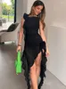 Casual Dresses Weird Puss See Through Flare Women Dress ärmlös Oregelbunden 2024 Summer Trend Skinny Elastic Elegant Birthday Party