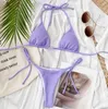 Dwuczęściowe garnitury 2024 Seksowne bikini set o niskim paleniu falistym solidnym neonowym stroju kąpielowym bandaż bandaż na plażowe odzież monokini stroje kąpielowe push up Purple Biquinis s-l