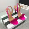 Aquazzura Satin 2024 라인 스톤스 크리스탈 샌들 스틸레토 힐 오픈 발가락 여성 고급 디자이너 슬립 온 슬링 백이 저녁 파티 신발 공장 신발