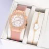 Armbandsur Rhinestone Watches Armband Set Ins Style Leather Watch Band Retro Alloy Luxury Wristwatch Women