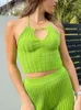 Women's Two Piece Pants Women Sexy Retro Green Knitted Set Female Suit Navel Halter Hollow Vest And Striped Knit Slim Fit Flared