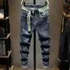 Heren Jeans Harajuku Mode Slim Fit Stretch Denim Voor Mannen Lente En Herfst Casual Blauw Grijs Water Wassen lange Broek Luxe