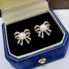 Dangle Earrings Natural Pearl Ear Studs 6mm Flawless Bow 18K Gilded