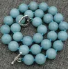 Chaînes 12mm Brésil Naturel Aquamarine Gem Collier 18 "Tibétain Argent Amour Fermoirs Jade