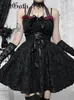 Robes décontractées AltGoth Dark Gothic Black Lolita Robe Femmes Esthétique Fairycore Grunge Rose Dentelle Patchwork Taille Haute Corset Clubwear