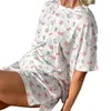 Mulheres sleepwear xingqing mulheres pijama conjunto y2k estética floral / frutas impressão em torno do pescoço manga curta camiseta com cintura elástica shrots