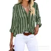 Kvinnors blusar Blus 2024 Spring/Summer Pocket Stripe Shirt Loose Top Long Sleeped Work Flip Collar Button