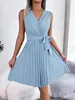 Women's summer casual V-neck sleeveless pleated knee length dress black blue brown 240108