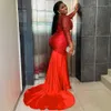 Nigeria African Prom Dresses Plus Size High Neck Long Mermaid Red Pequined Lace Formal Eccase Endast Evening Glänningar Illusion Party Wear Second Reception GOWN AM348