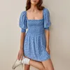 Vestidos de festa casual para mulheres 2024 férias impressão smocked mini vestido verão roupas sundress quadrado pescoço puff manga