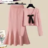 Large Womens Autumn and Winter Set Korean Sweetheart Style Slim Knitted Sweater Fish Tail Skirt Two Piece 240108