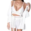 Women's Sleepwear Autumn Sexy Camisole Pajama Three Piece Set Cardigan Long Sleeved Shorts Loose Silky Disfraz Mujeres